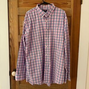 Land’s End Men’s Traditional Fit Button Down, XXL (Blue Pink White Plaid)